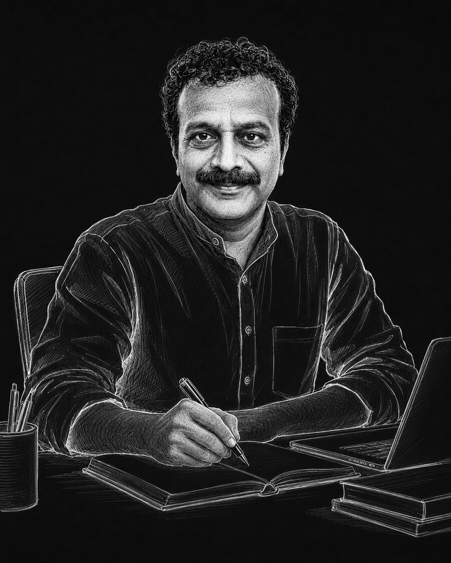 Ink drawing of Dr. Karra Ram Chandar writing at his desk